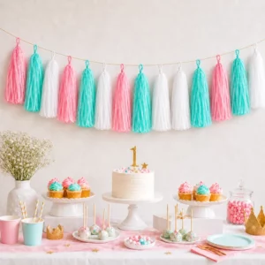 1st Birthday Party tissue paper tassel garland for a party display