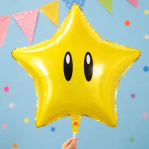 Yellow Super Mario star-shaped foil balloon with black eyes