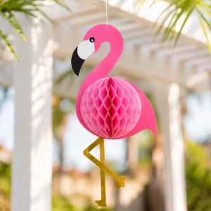 Pink flamingo honeycomb hanging decoration with gold legs