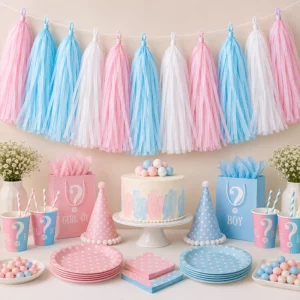 Gender Reveal Party tissue paper tassel garland for a party display
