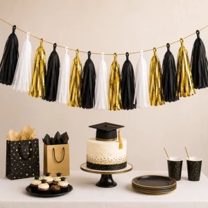 Graduation Theme Party tissue paper tassel garland for a party display