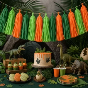 Jurassic Party tissue paper tassel garland for a party display