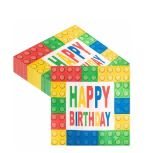 Colourful building block party napkins with Happy Birthday text