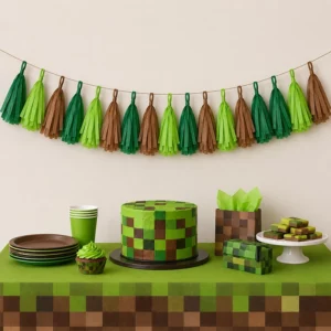 Minecraft Party tissue paper tassel garland for a party display