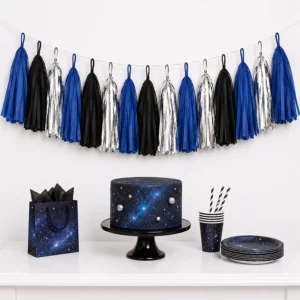Outer Space Party tissue paper tassel garland for a party display