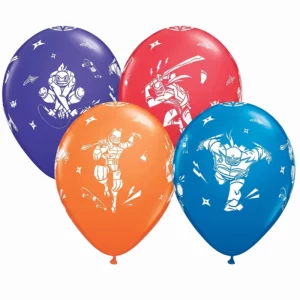 Four Rise of the TMNT printed latex balloons in purple, red, orange and blue