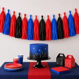 Spiderman Party tissue paper tassel garland for a party display