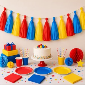 Super Mario Party tissue paper tassel garland for a party display