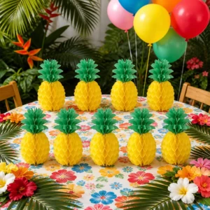 Pineapple honeycomb table decorations at a colourful tropical party