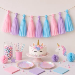 Unicorn Party tissue paper tassel garland for a party display