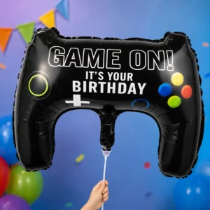 Black video game controller-shaped foil balloon with Game On birthday message