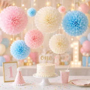 Pink, blue and ivory tissue paper pom poms for a first birthday party