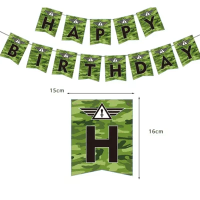 Army camouflage Happy Birthday banner with 15x16cm letter flags