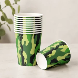 Green army camouflage paper cups for a themed party