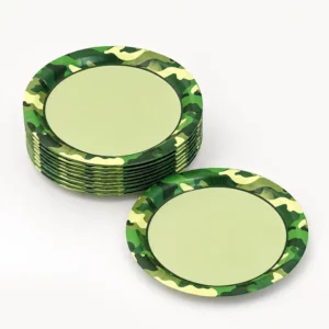 Seven-inch army camouflage paper plates with green camo borders
