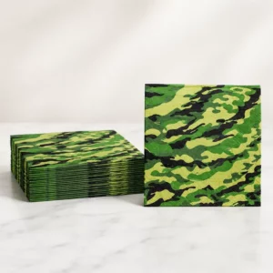 Green army camouflage party napkins with black camo pattern
