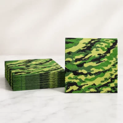 Green army camouflage party napkins with black camo pattern