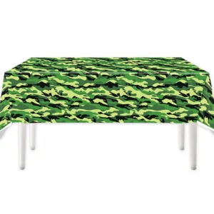 Green army camouflage party tablecloth covering a rectangular table