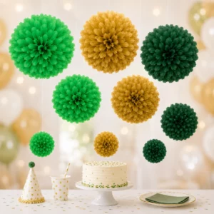 Hanging tissue paper pom poms styled for a Army Party display