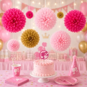 Hanging tissue paper pom poms styled for a Barbie & Fairy Party display