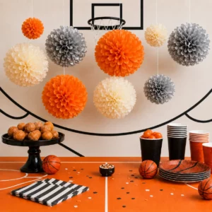 Hanging tissue paper pom poms styled for a Basketball Birthday Party display