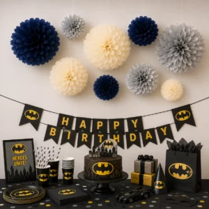 Hanging tissue paper pom poms styled for a Batman Party display