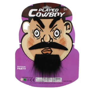 Black cowboy costume eyebrows, moustache and beard set on purple packaging