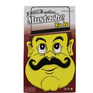 Black curly costume moustache displayed on novelty face packaging