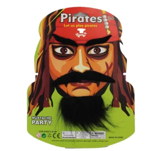Black pirate costume eyebrows, moustache and beard set on pirate packaging
