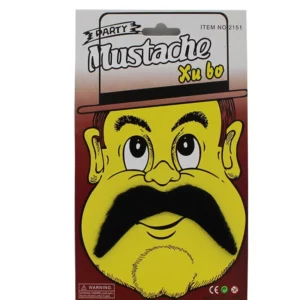 Black rounded costume moustache displayed on novelty face packaging