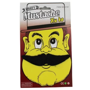 Black straight costume moustache displayed on novelty face packaging