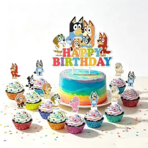 Bluey Happy Birthday paper cake topper and twelve cupcake toppers