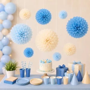 Hanging tissue paper pom poms styled for a Bluey Party display
