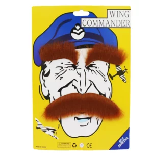 Brown costume eyebrows and bushy moustache set on yellow packaging