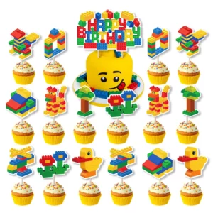 Colourful building blocks birthday cake topper and 16 cupcake toppers