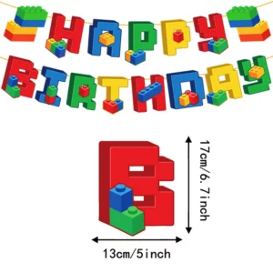 Colourful building blocks Happy Birthday paper banner with 13 letter flags