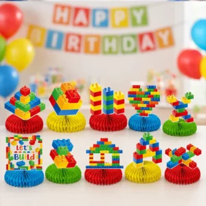 Colourful building block honeycomb centrepieces on a birthday party table