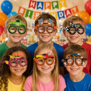 Children wearing Hot Wheels monster truck paper party glasses at a birthday party