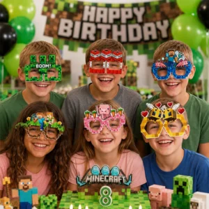 Children wearing Minecraft Section B paper party glasses at a birthday party