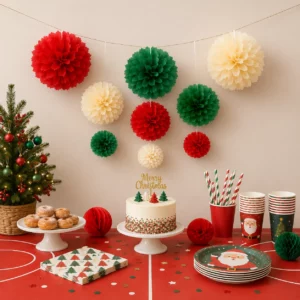 Hanging tissue paper pom poms styled for a Christmas Party display
