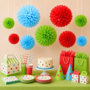 Hanging tissue paper pom poms styled for a Cocomelon Party display