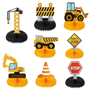 Eight construction honeycomb centrepieces with trucks machinery and road signs