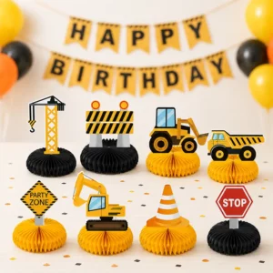 Construction birthday table with eight yellow and black honeycomb centrepieces
