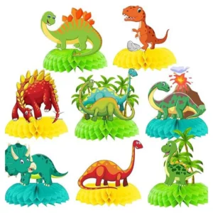 Eight colourful dinosaur honeycomb centrepiece designs