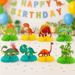 Dinosaur birthday table with eight colourful honeycomb centrepieces