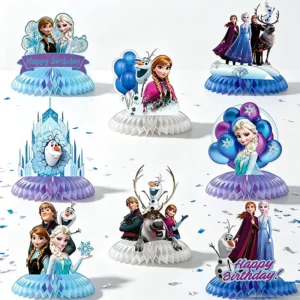 Nine Disney Frozen honeycomb table centrepieces on a party table