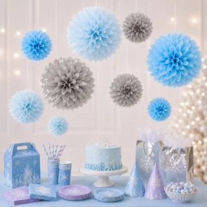 Hanging tissue paper pom poms styled for a Disney Frozen Party display