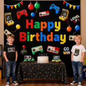 Gaming party Happy Birthday backdrop with controllers and arcade graphics