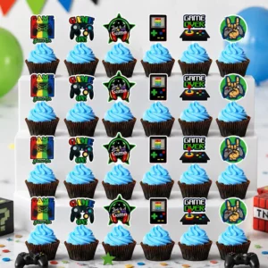 Gaming party cupcake toppers with controllers and arcade graphics