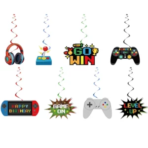Eight gaming party hanging swirl decorations with controller graphics